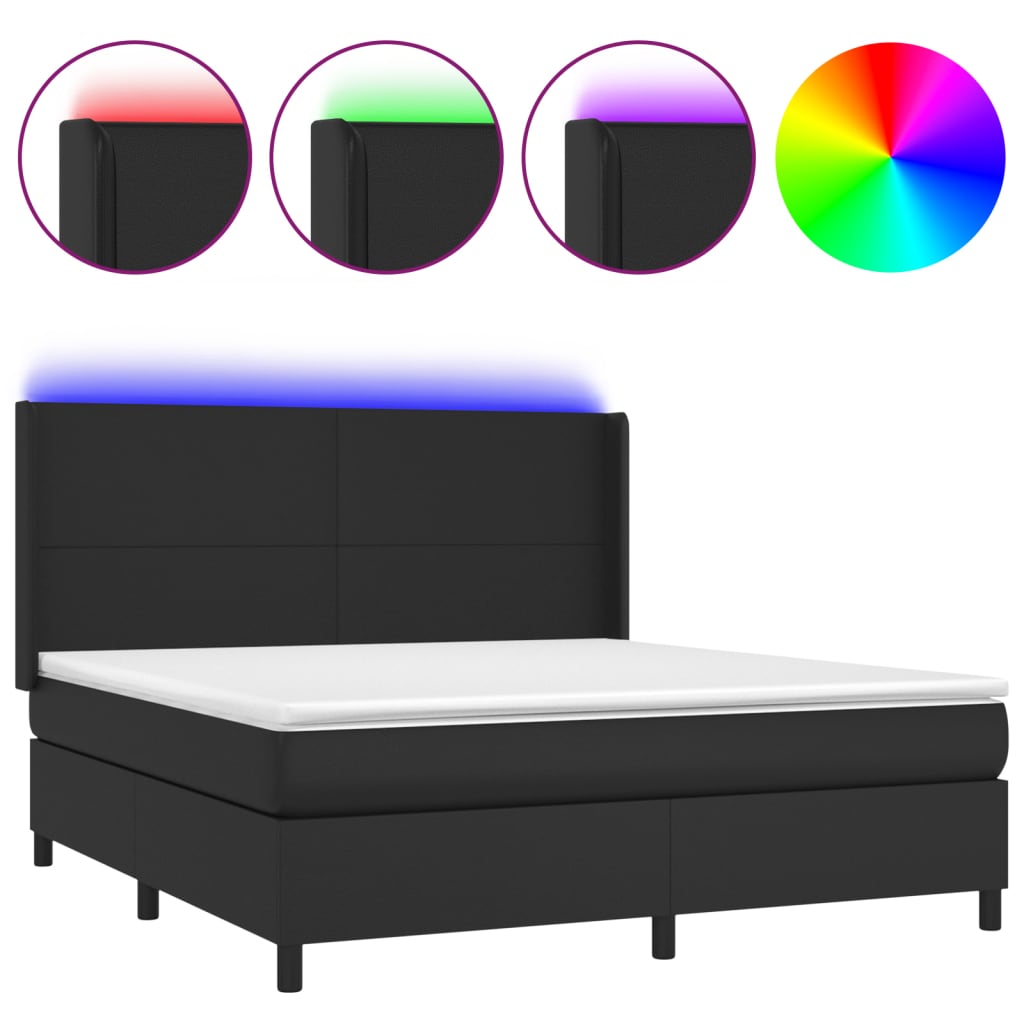 Krevet box spring s madracem LED crni 180x200cm od umjetne kože