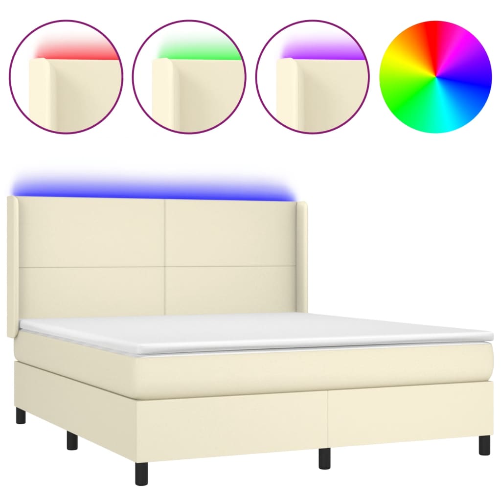 Krevet box spring s madracem LED krem 180x200cm od umjetne kože