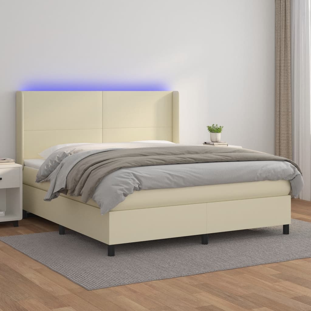 Krevet box spring s madracem LED krem 180x200cm od umjetne kože