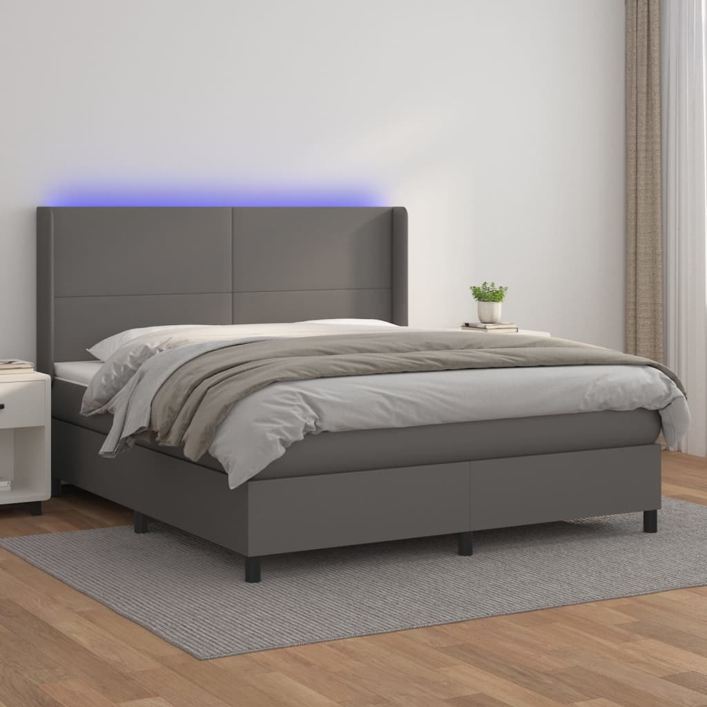 Krevet box spring s madracem LED sivi 180x200cm od umjetne kože