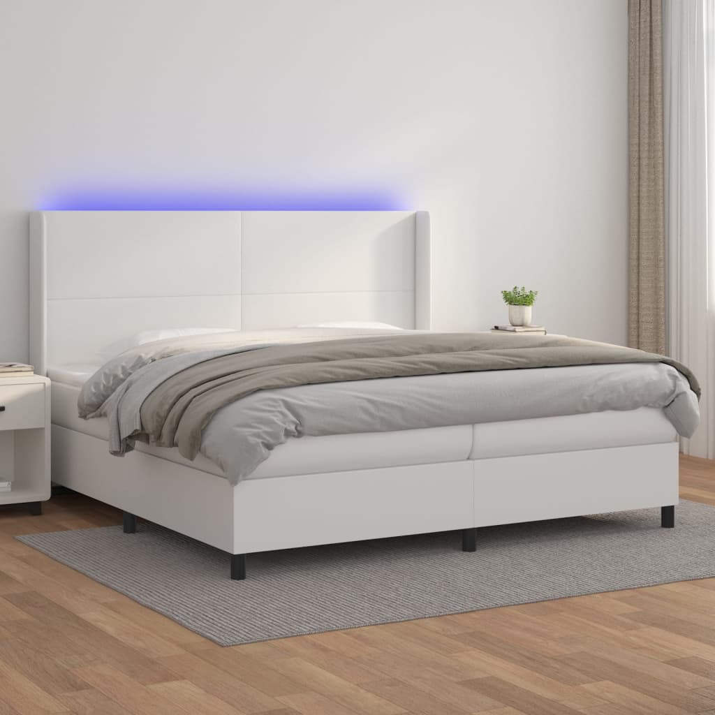 Krevet box spring s madracem LED bijeli 200x200 cm umjetna koža