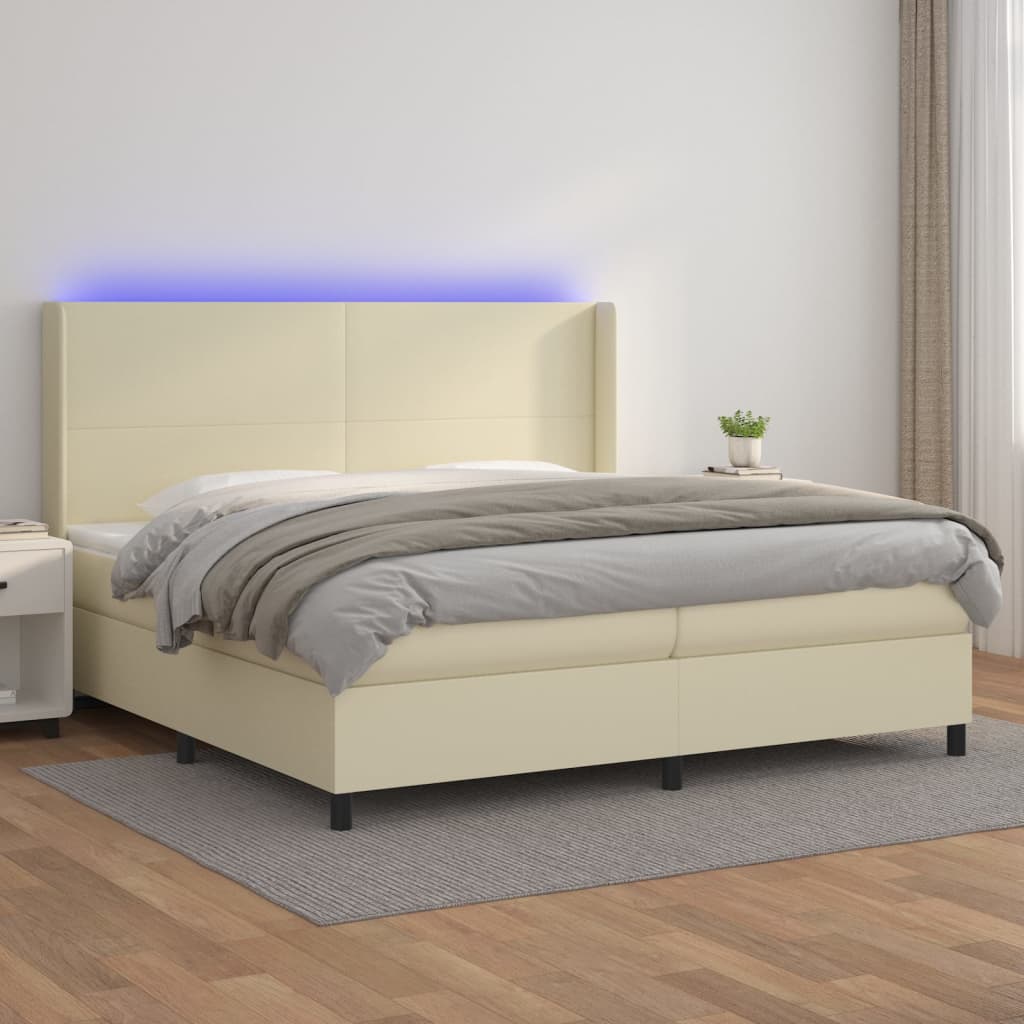 Krevet box spring s madracem LED krem 200x200cm od umjetne kože