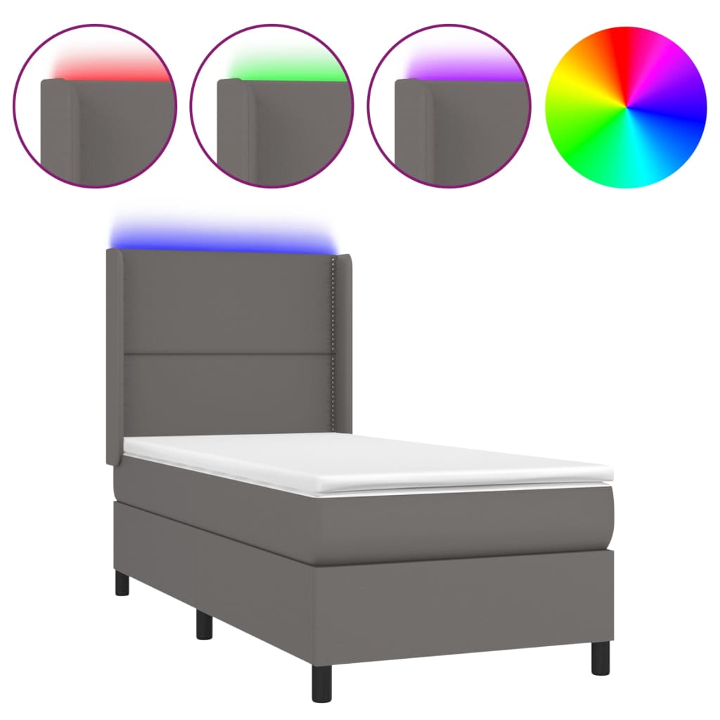 Krevet box spring s madracem LED sivi 90x190 cm od umjetne kože