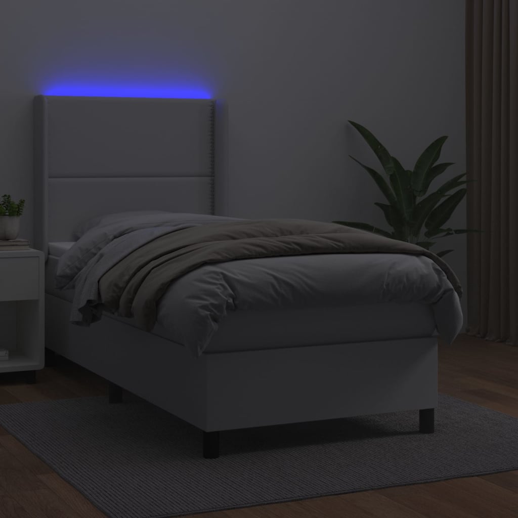 Krevet box spring s madracem LED bijeli 100x200 cm umjetna koža