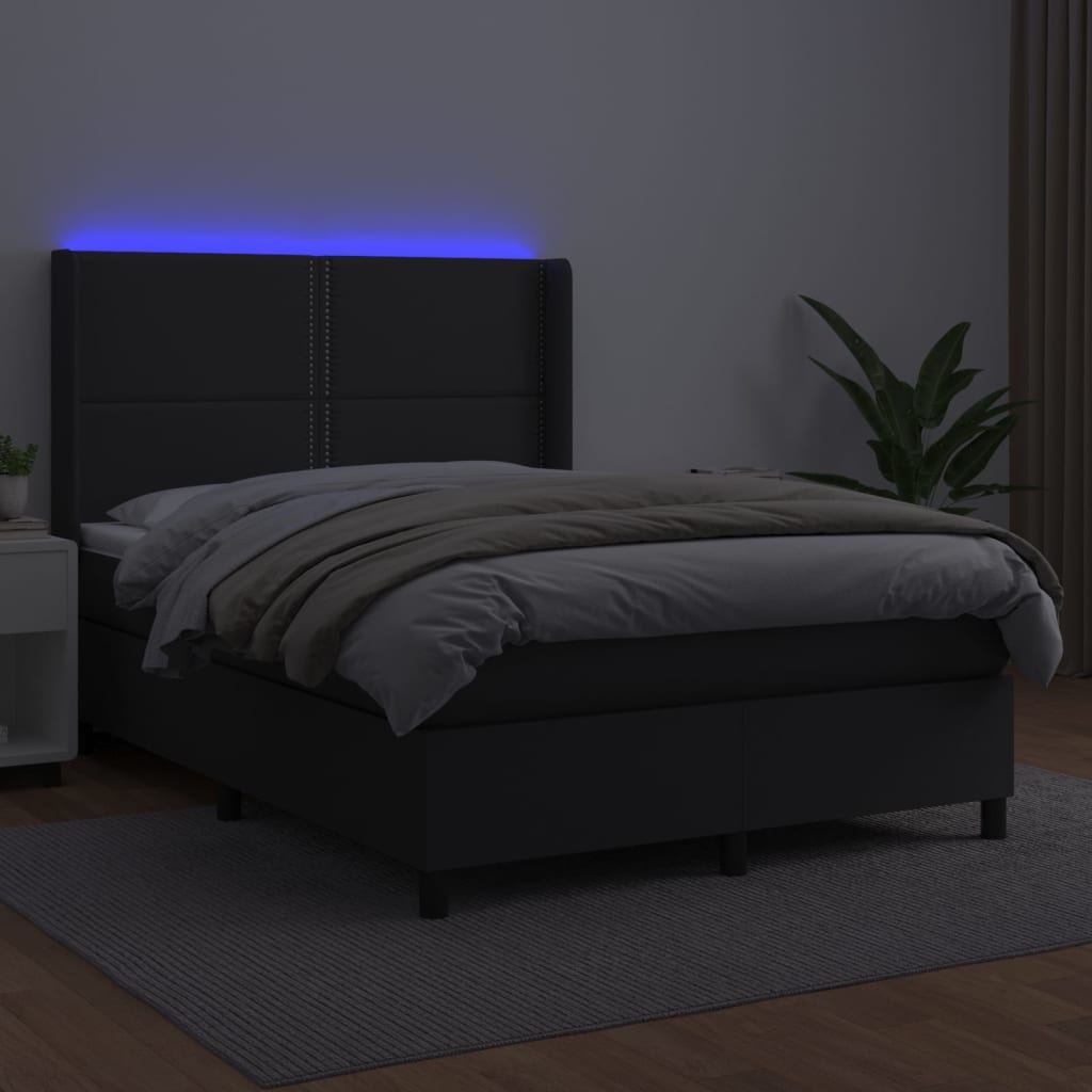 Krevet box spring s madracem LED crni 140 x 190 cm umjetna koža