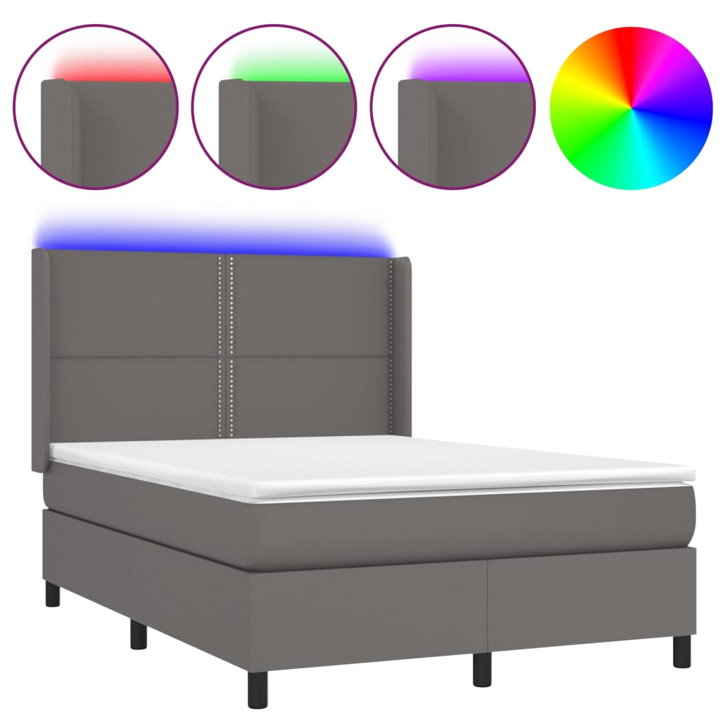 Krevet box spring s madracem LED sivi 140x190cm od umjetne kože