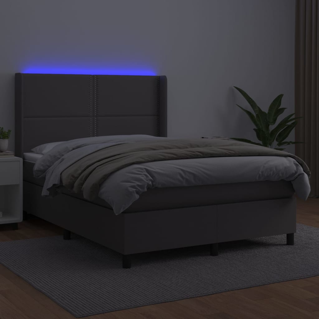 Krevet box spring s madracem LED sivi 140x190cm od umjetne kože