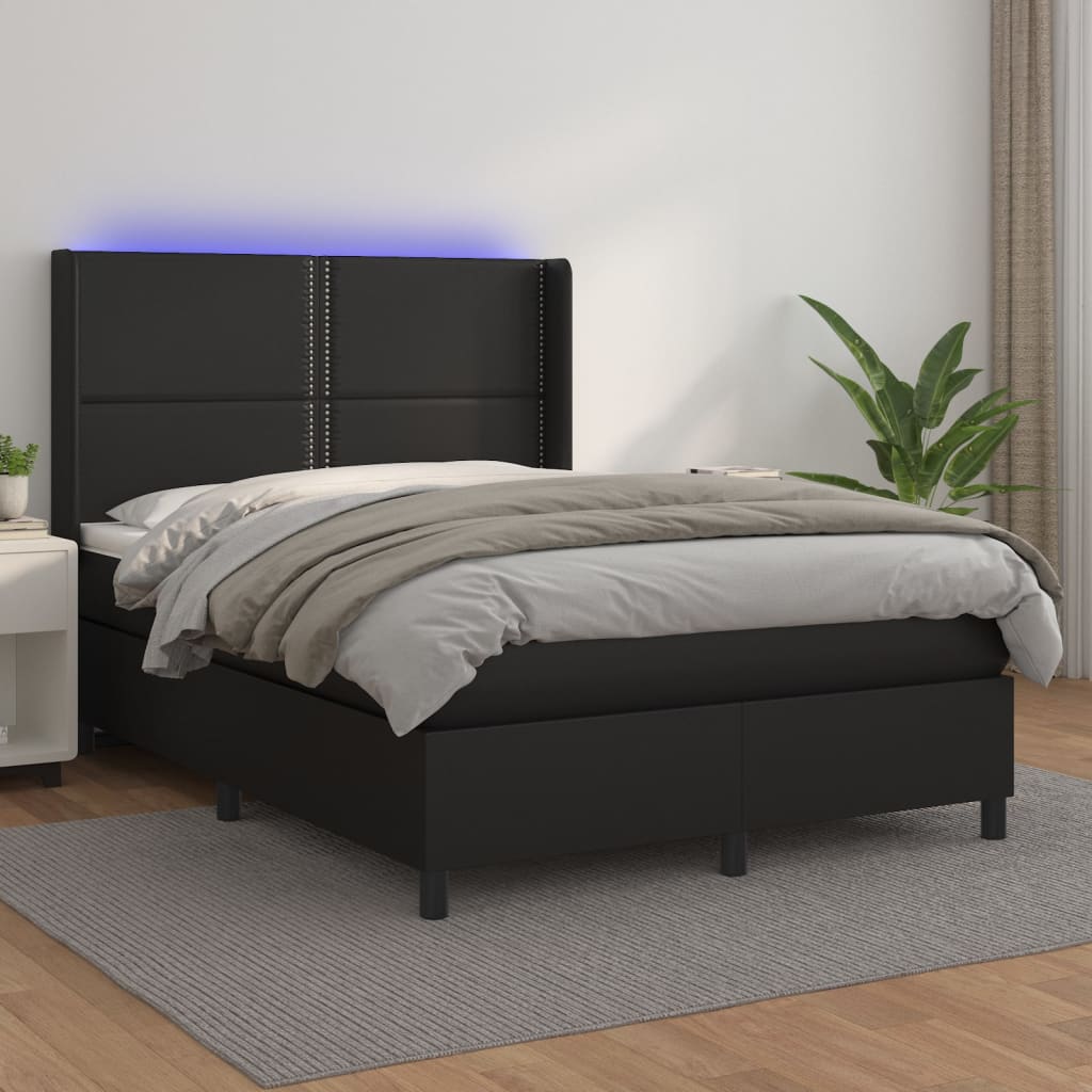 Krevet box spring s madracem LED crni 140x200cm od umjetne kože