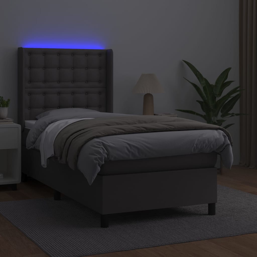 Krevet box spring s madracem LED sivi 80x200 cm od umjetne kože