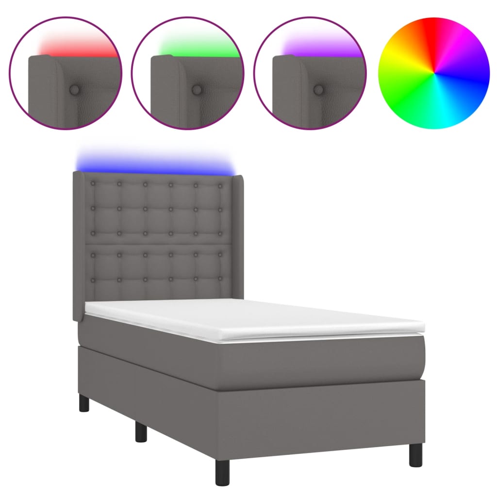 Krevet box spring s madracem LED sivi 90x190 cm od umjetne kože