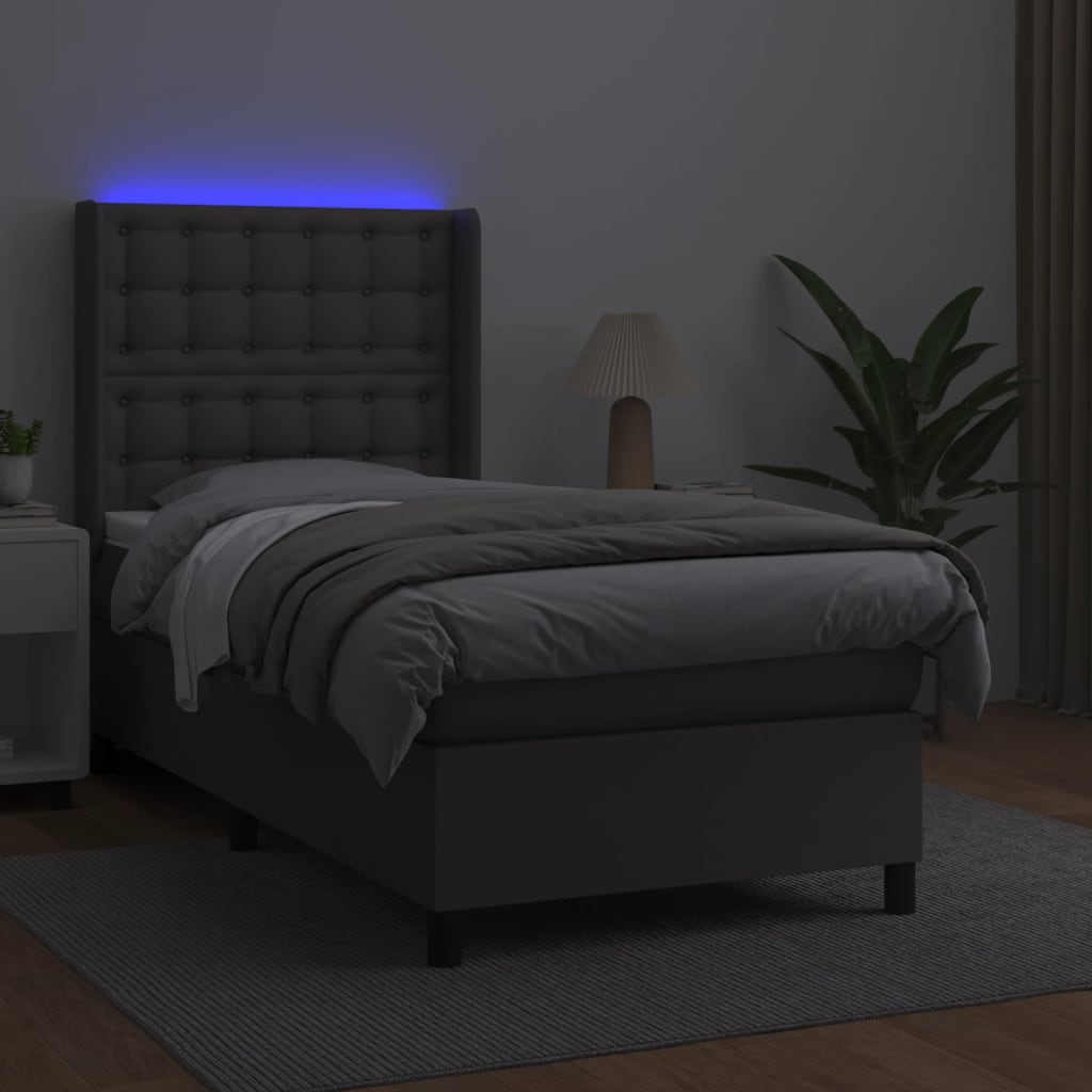 Krevet box spring s madracem LED sivi 90x190 cm od umjetne kože
