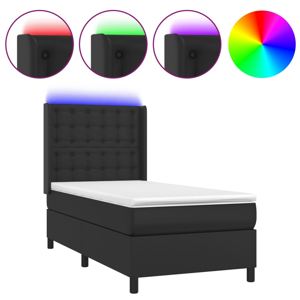 Krevet box spring s madracem LED crni 90x200 cm od umjetne kože