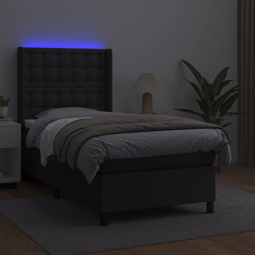 Krevet box spring s madracem LED crni 90x200 cm od umjetne kože