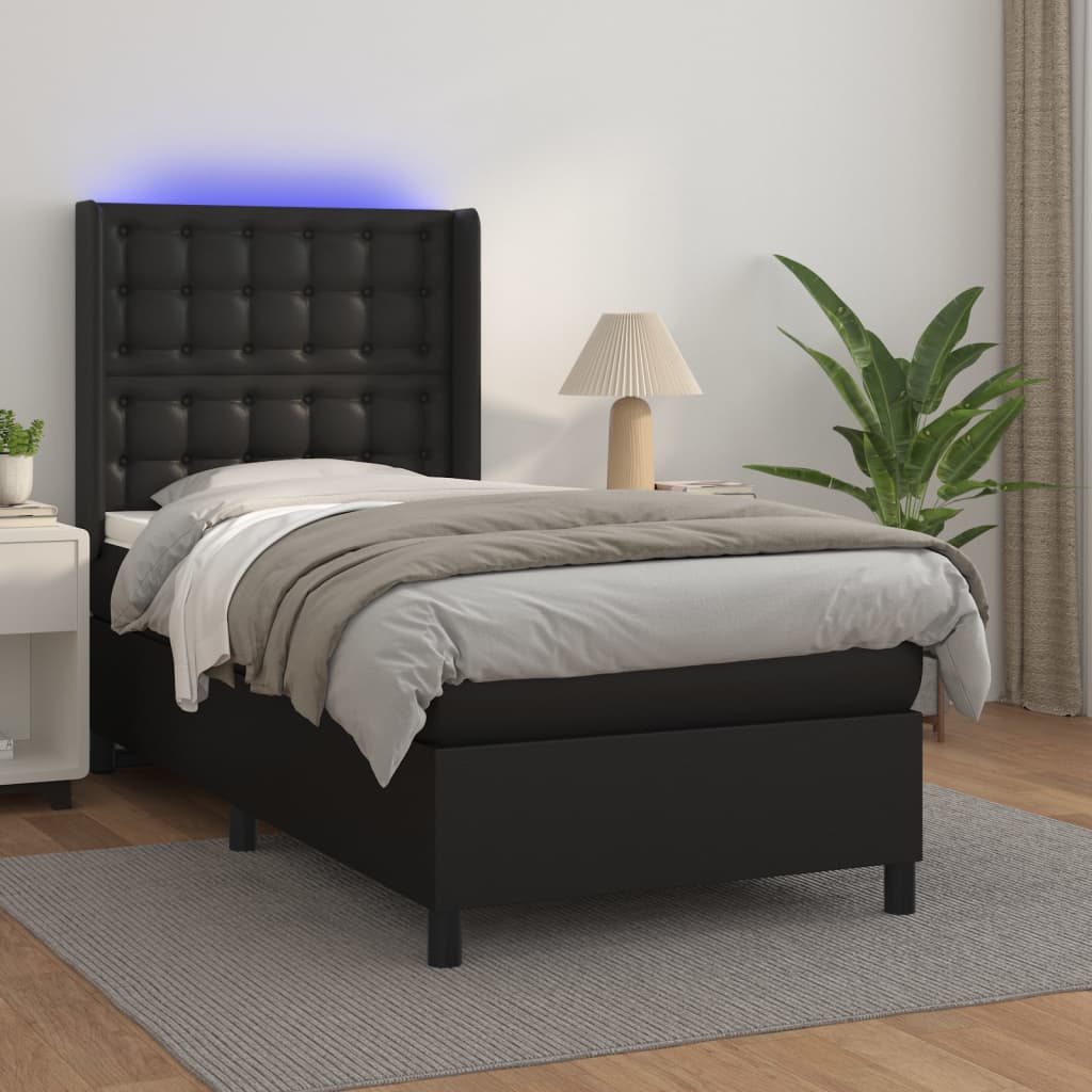 Krevet box spring s madracem LED crni 90x200 cm od umjetne kože