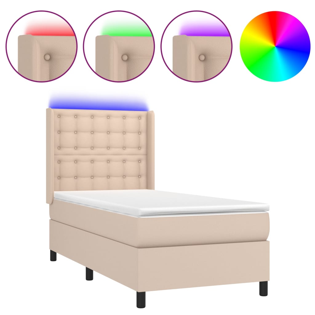 Krevet box spring madrac LED cappuccino 90x200cm umjetna koža