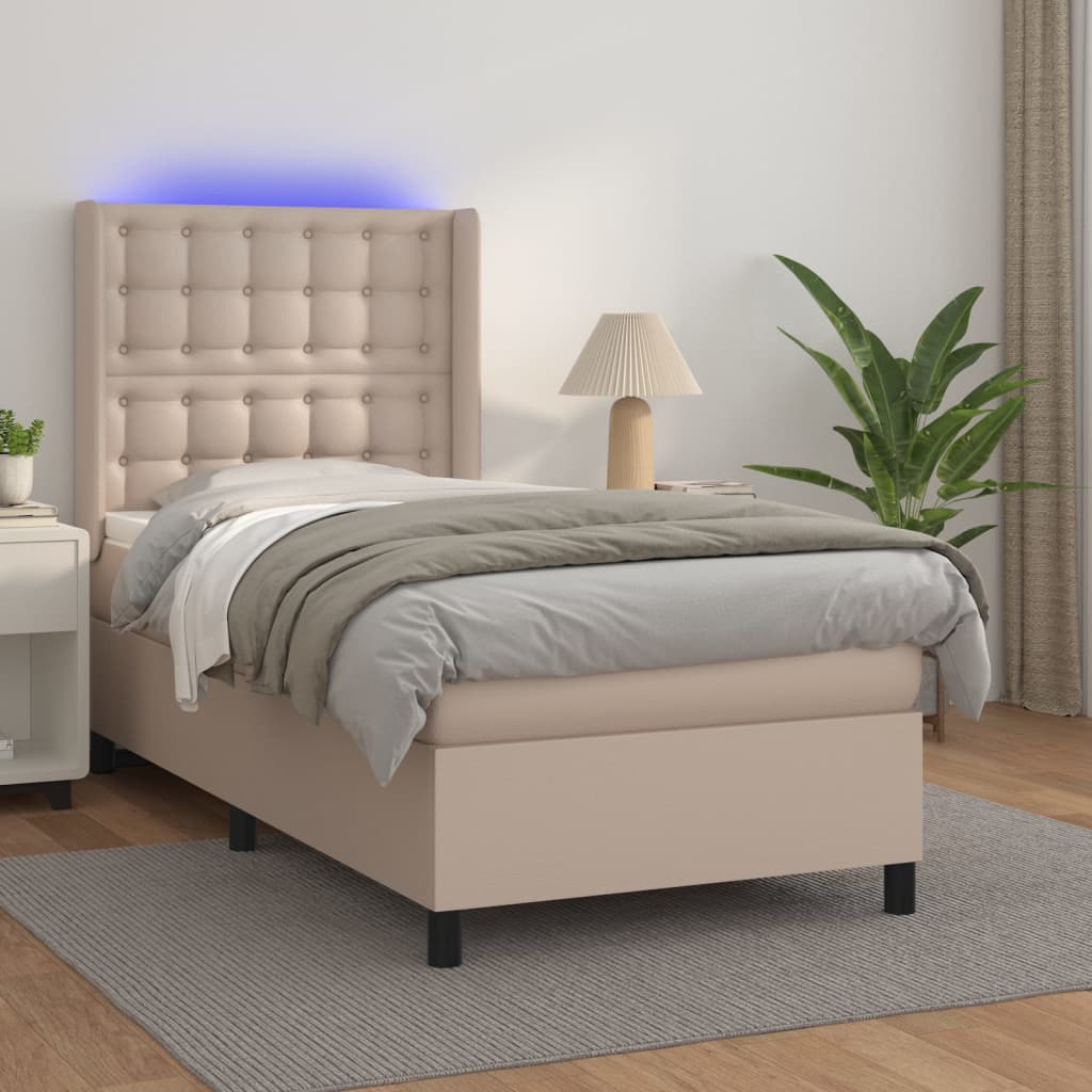 Krevet box spring madrac LED cappuccino 90x200cm umjetna koža