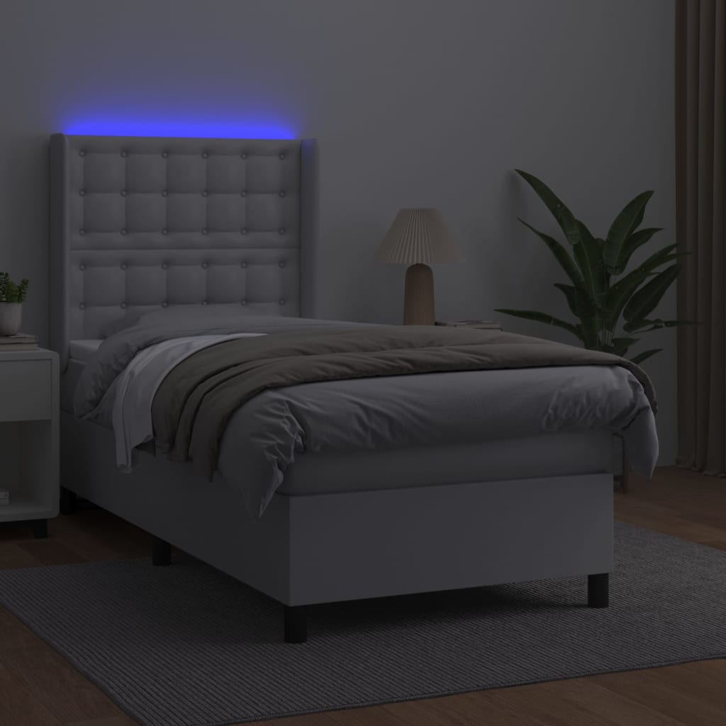 Krevet box spring s madracem LED bijeli 100x200 cm umjetna koža