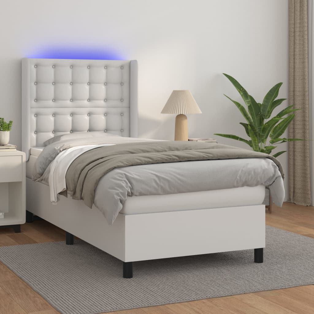 Krevet box spring s madracem LED bijeli 100x200 cm umjetna koža