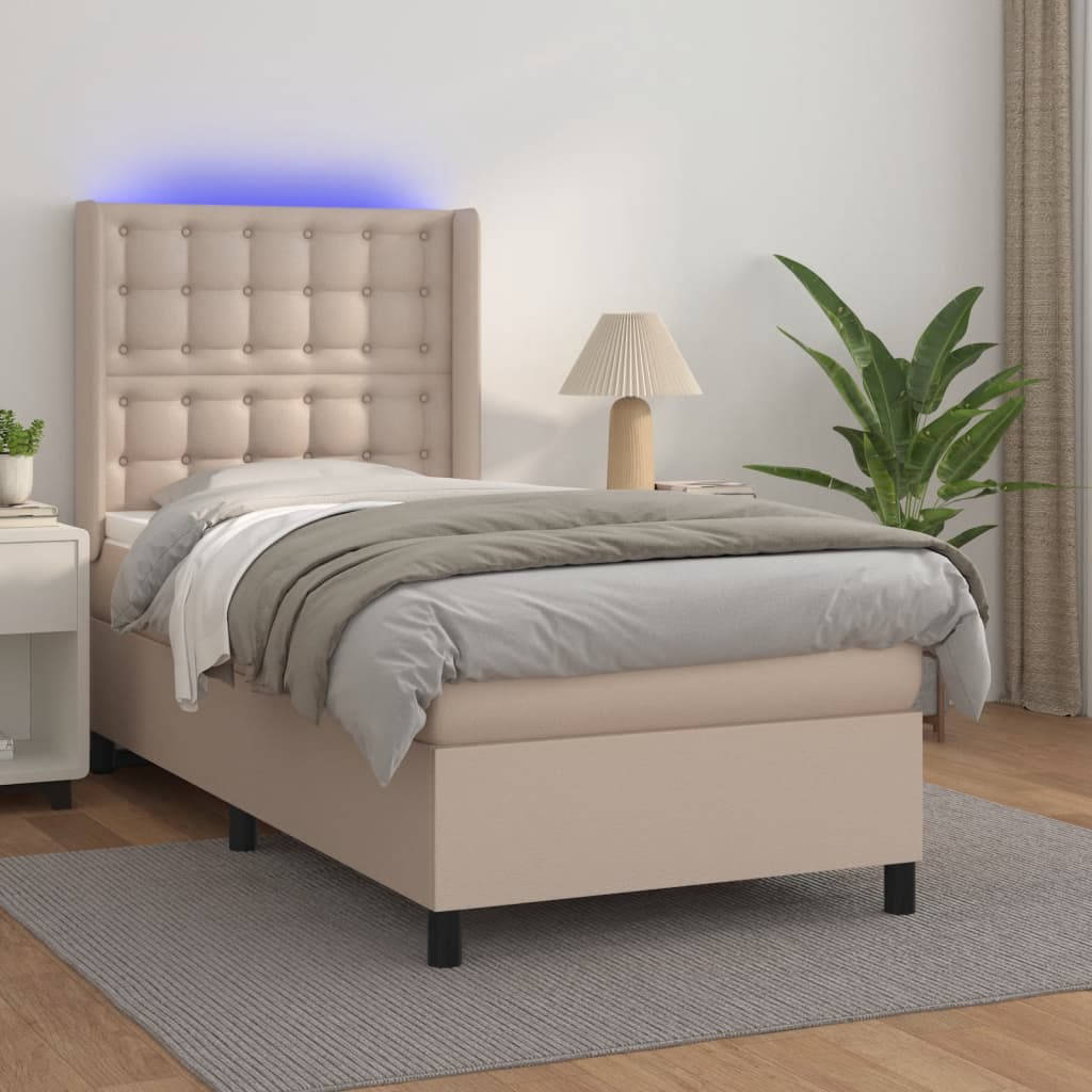 Krevet box spring madrac LED cappuccino 100x200cm umjetna koža