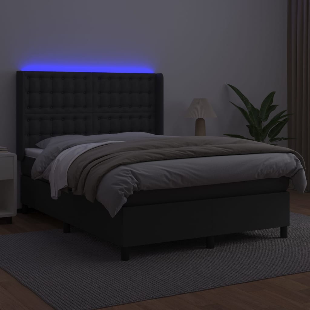 Krevet box spring s madracem LED crni 140 x 190 cm umjetna koža