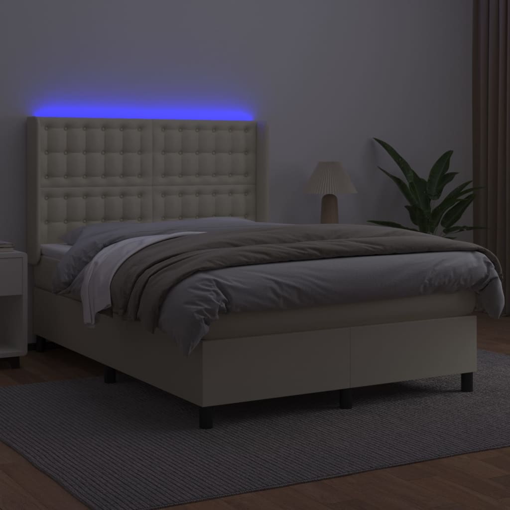 Krevet box spring s madracem LED krem 140x190cm od umjetne kože