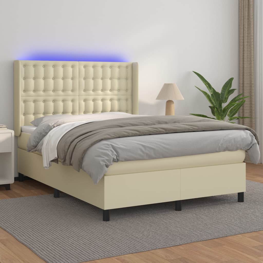 Krevet box spring s madracem LED krem 140x190cm od umjetne kože