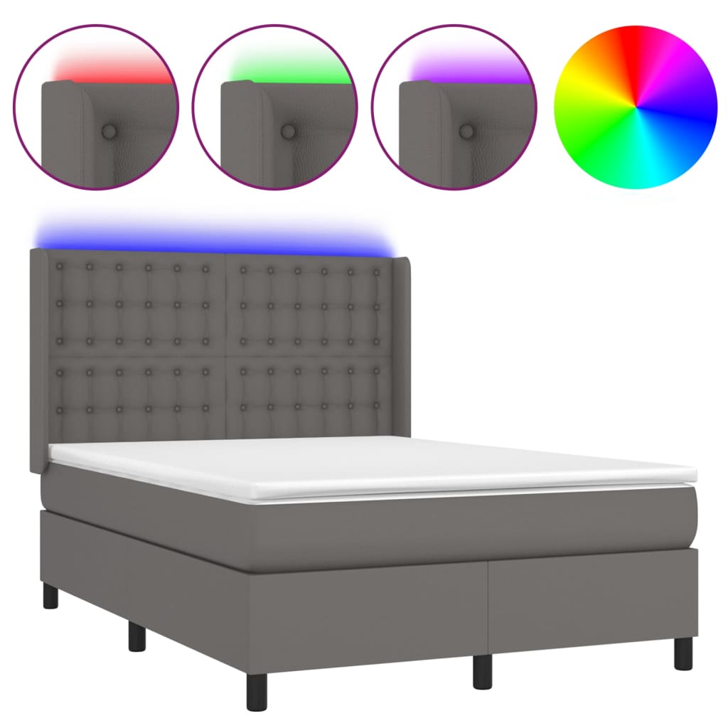 Krevet box spring s madracem LED sivi 140x190cm od umjetne kože