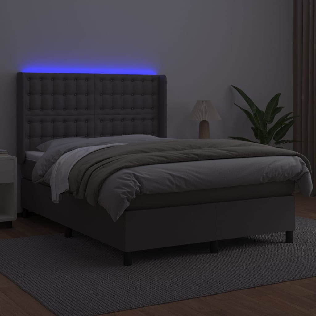 Krevet box spring s madracem LED sivi 140x190cm od umjetne kože