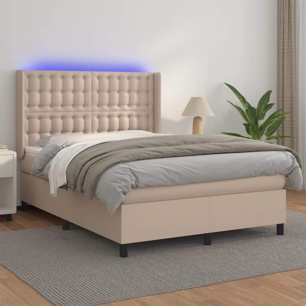 Krevet box spring madrac LED cappuccino 140x190cm umjetna koža