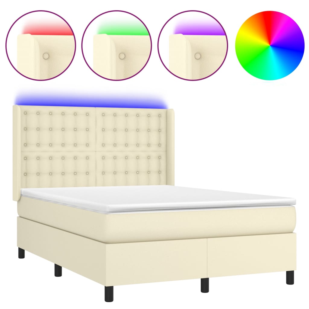 Krevet box spring s madracem LED krem 140x200cm od umjetne kože