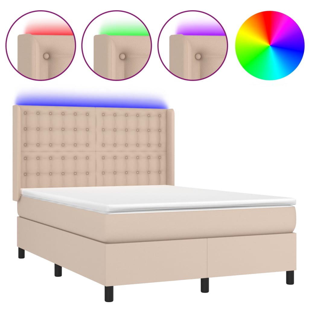 Krevet box spring madrac LED cappuccino 140x200cm umjetna koža