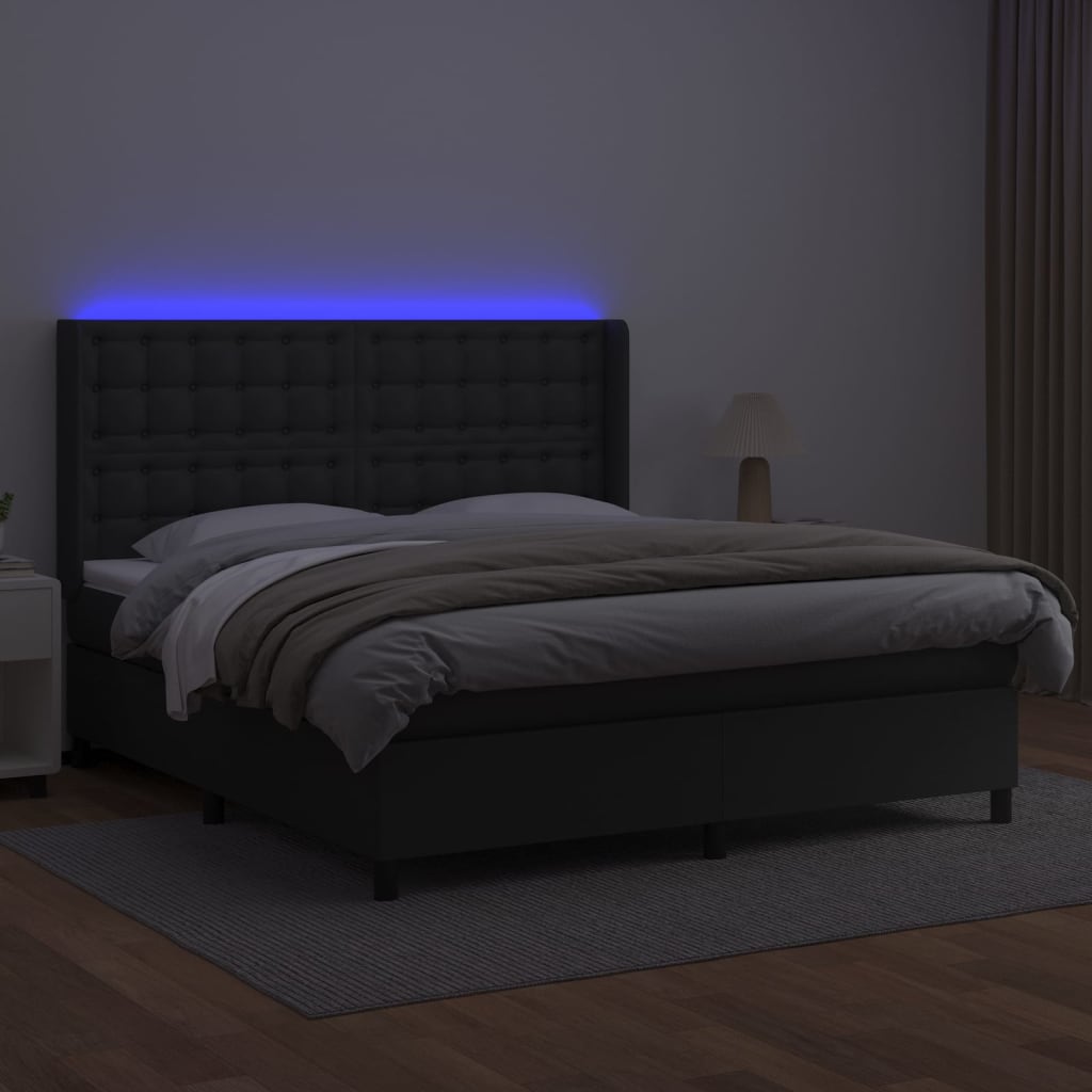 Krevet box spring s madracem LED crni 160x200cm od umjetne kože