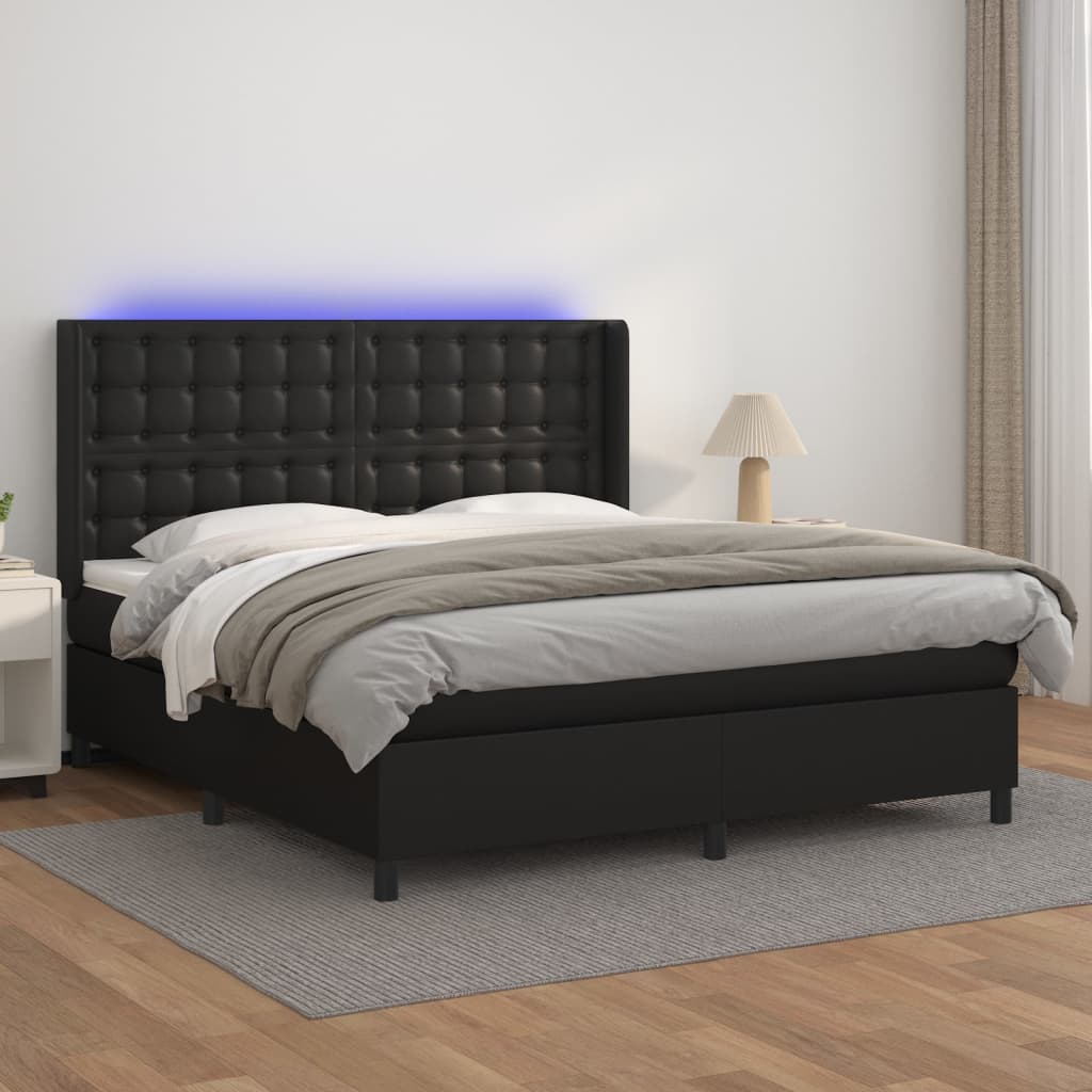 Krevet box spring s madracem LED crni 160x200cm od umjetne kože