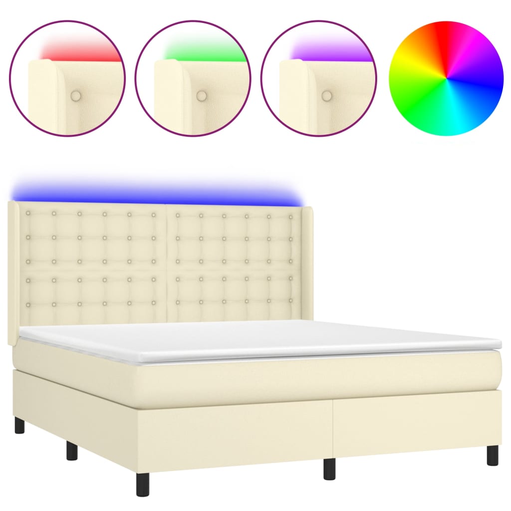 Krevet box spring s madracem LED krem 180x200cm od umjetne kože