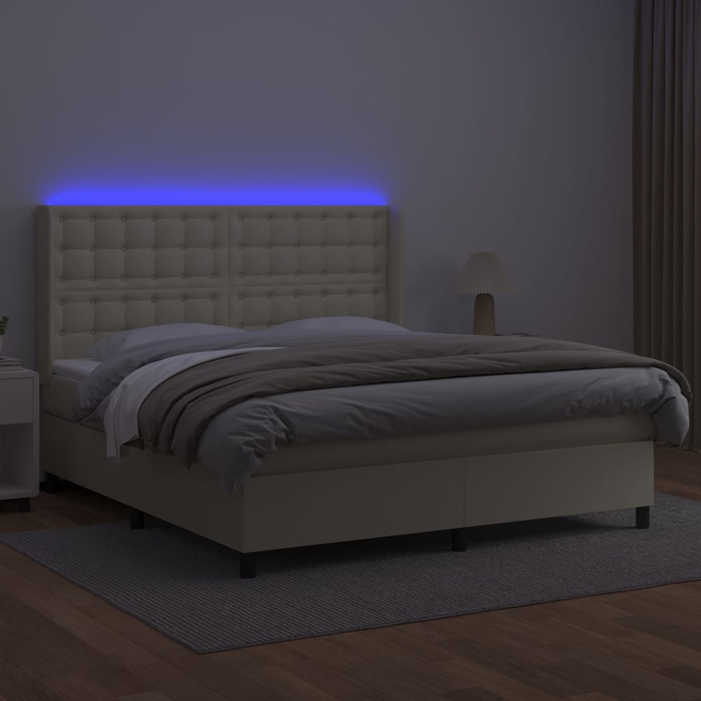 Krevet box spring s madracem LED krem 180x200cm od umjetne kože