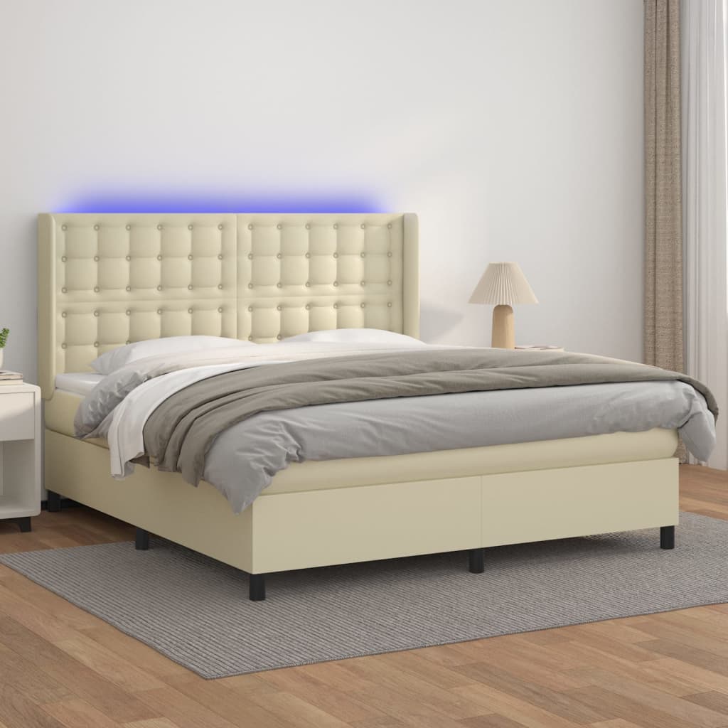Krevet box spring s madracem LED krem 180x200cm od umjetne kože