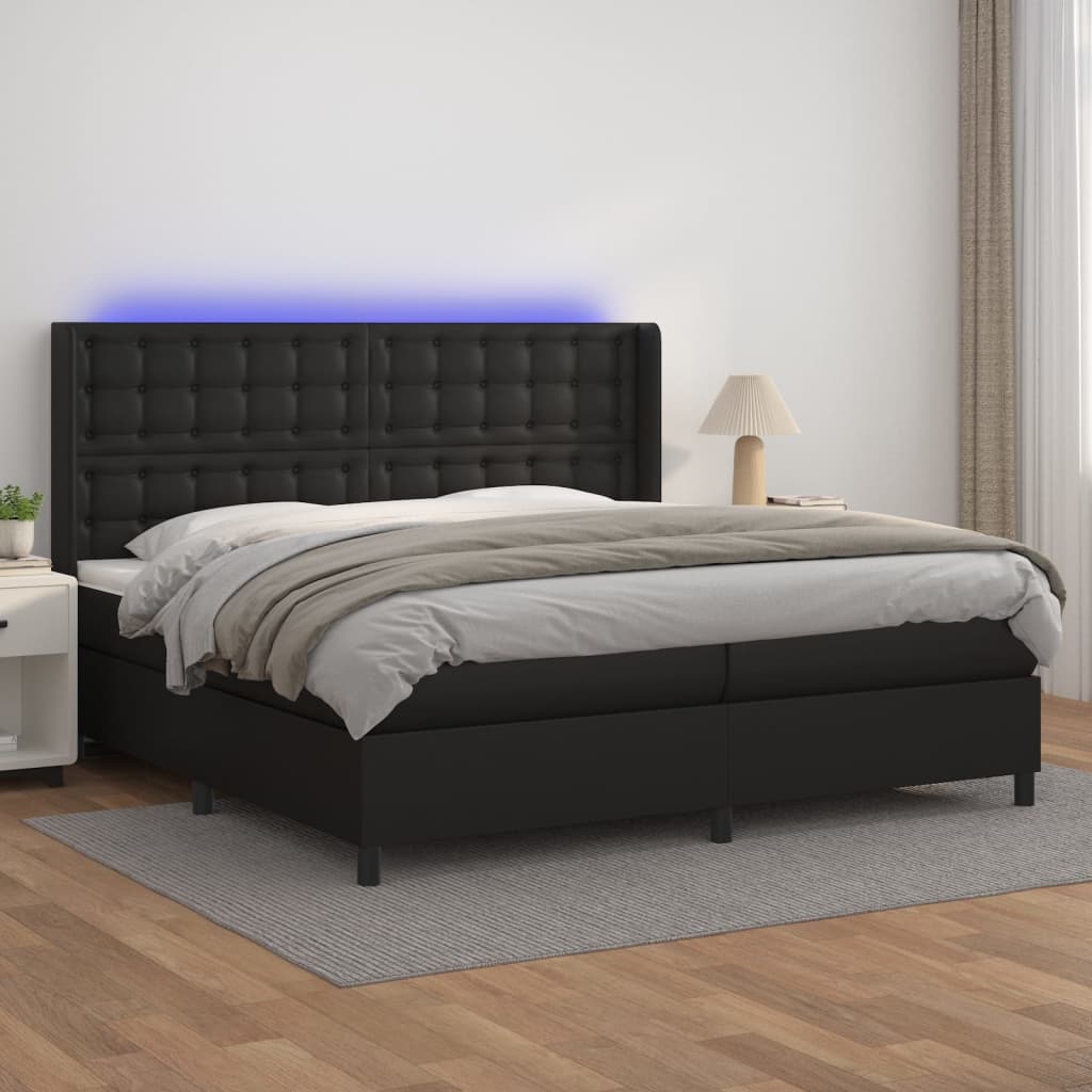 Krevet box spring s madracem LED crni 200x200cm od umjetne kože