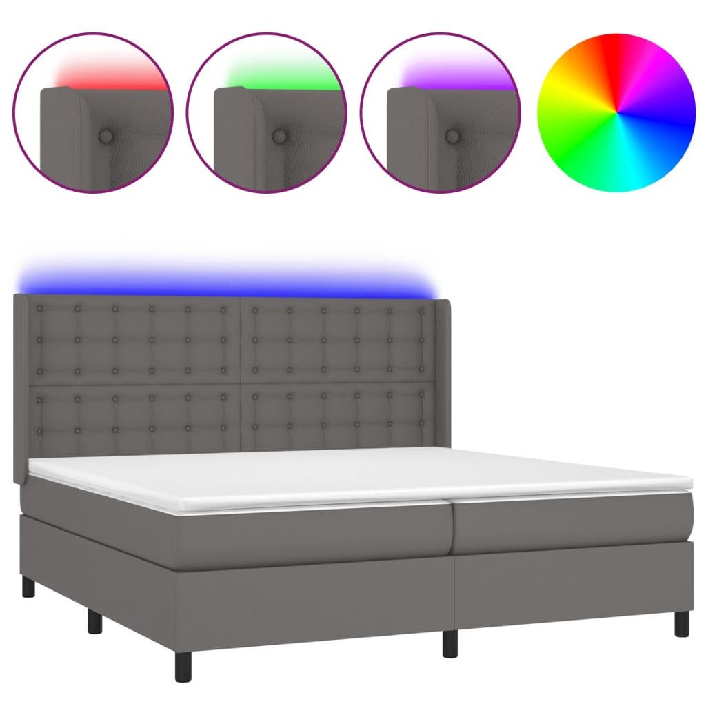 Krevet box spring s madracem LED sivi 200x200cm od umjetne kože