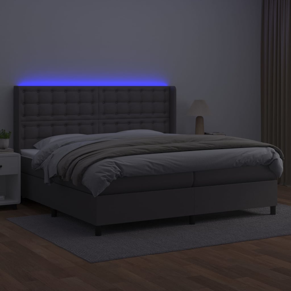 Krevet box spring s madracem LED sivi 200x200cm od umjetne kože