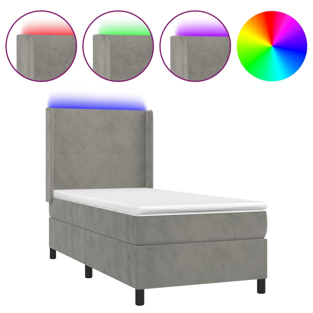 Krevet box spring s madracem LED svjetlosivi 90x190 cm baršun