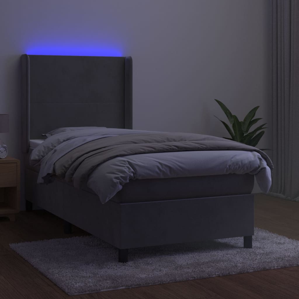 Krevet box spring s madracem LED svjetlosivi 90x190 cm baršun