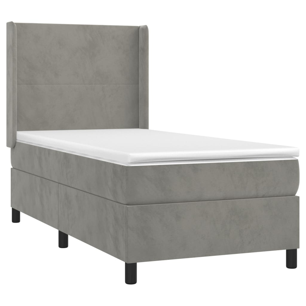 Krevet box spring s madracem LED svjetlosivi 90x190 cm baršun