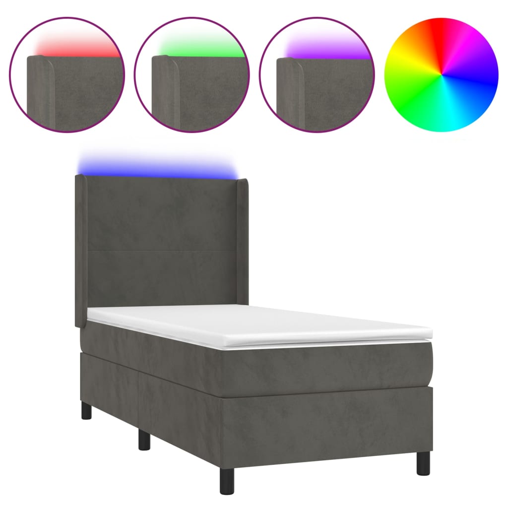 Krevet box spring s madracem LED tamnosivi 90x200 cm baršun