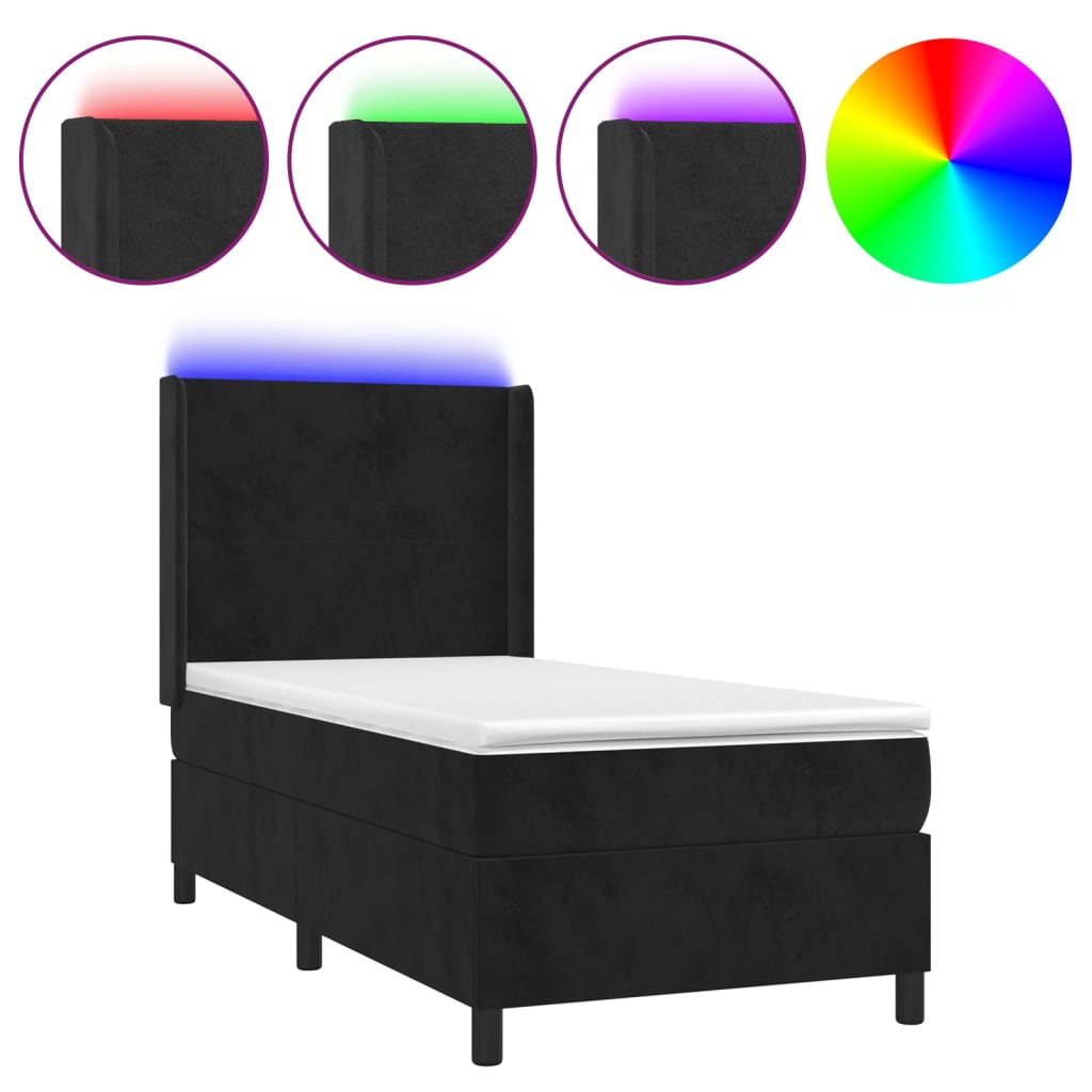 Krevet box spring s madracem LED crni 90x200 cm baršun