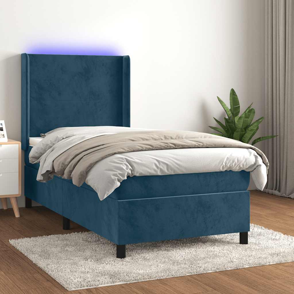 Krevet box spring s madracem LED tamnoplavi 90x200 cm baršun