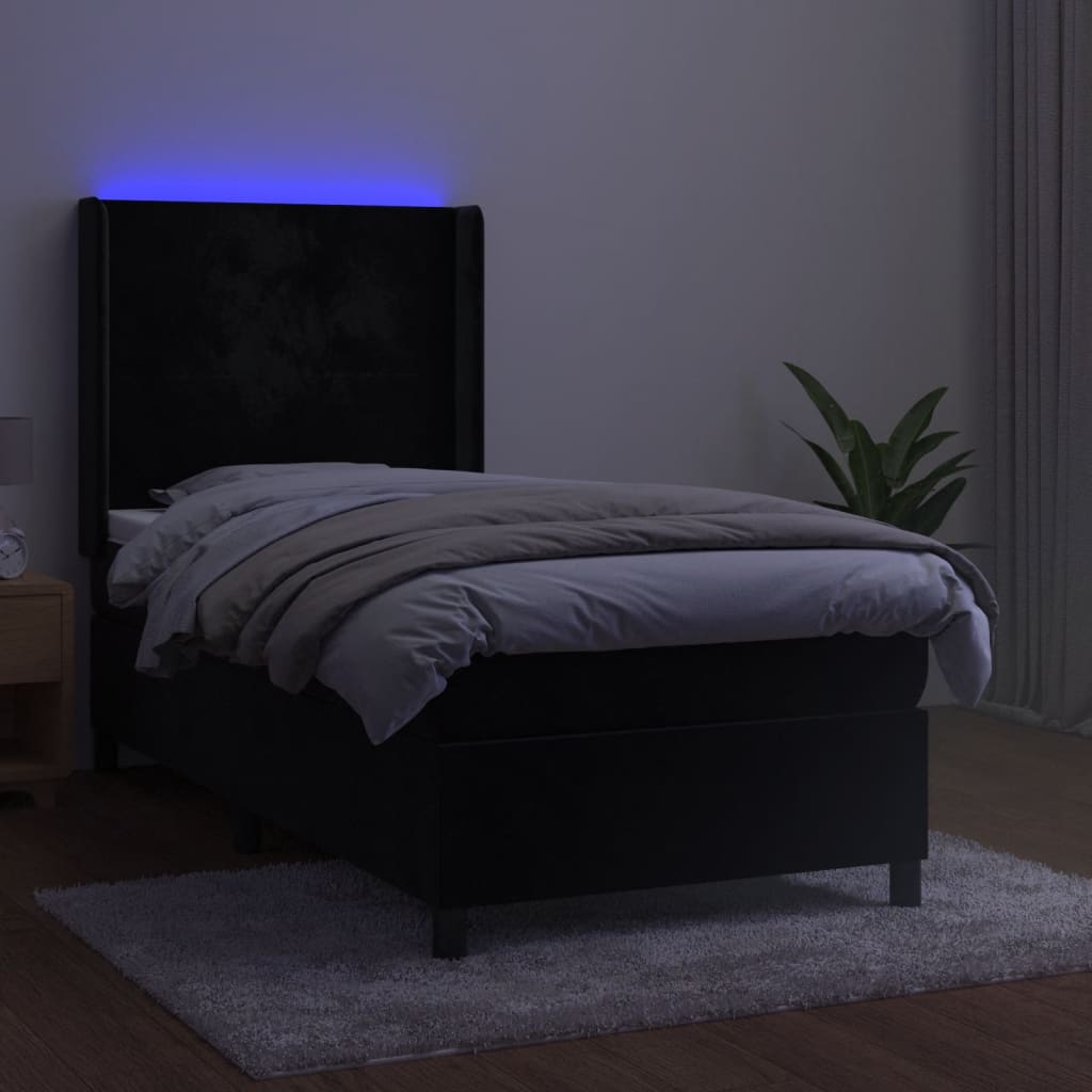 Krevet box spring s madracem LED crni 100x200 cm baršun