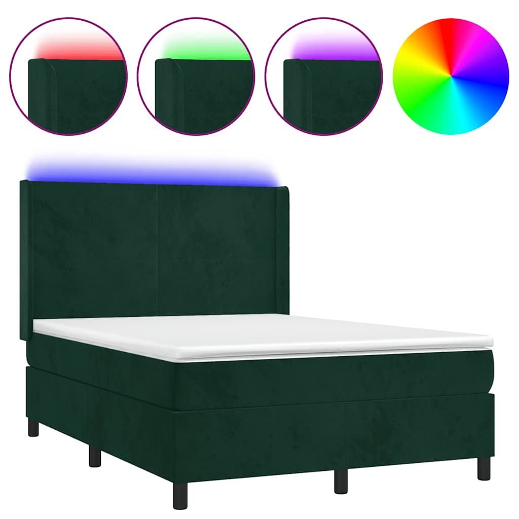 Krevet box spring s madracem LED tamnozeleni 140x190 cm baršun