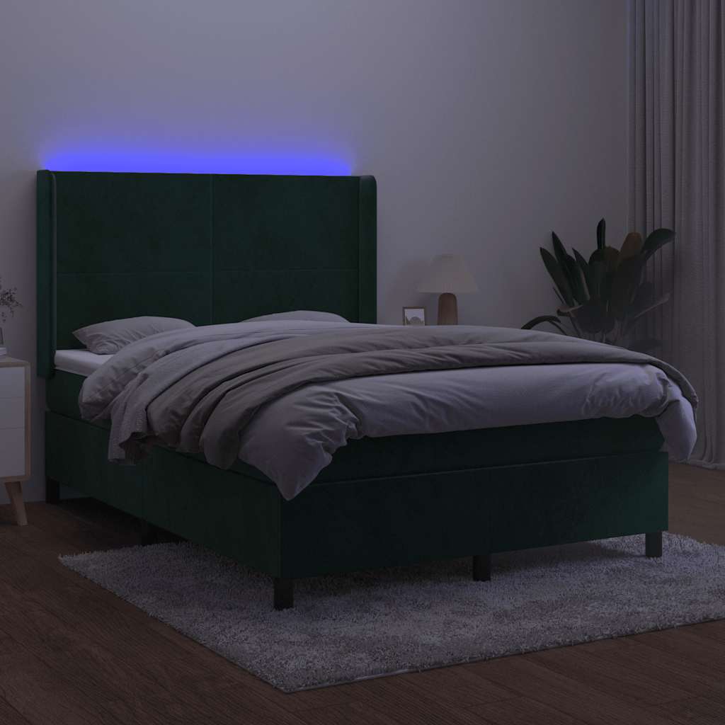 Krevet box spring s madracem LED tamnozeleni 140x190 cm baršun