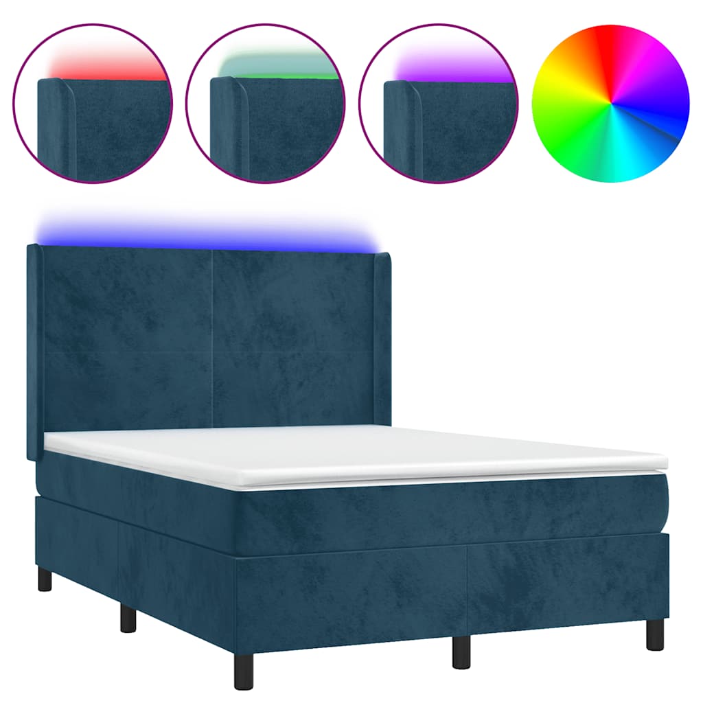 Krevet box spring s madracem LED tamnoplavi 140x190 cm baršun