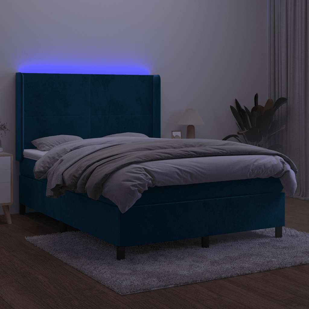 Krevet box spring s madracem LED tamnoplavi 140x190 cm baršun